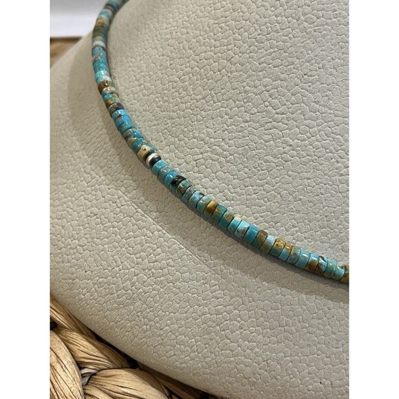 Green Turquoise Stabilized 6mm Heishi Navajo Pearls Sterling Silver Necklace - Picture 4 of 7